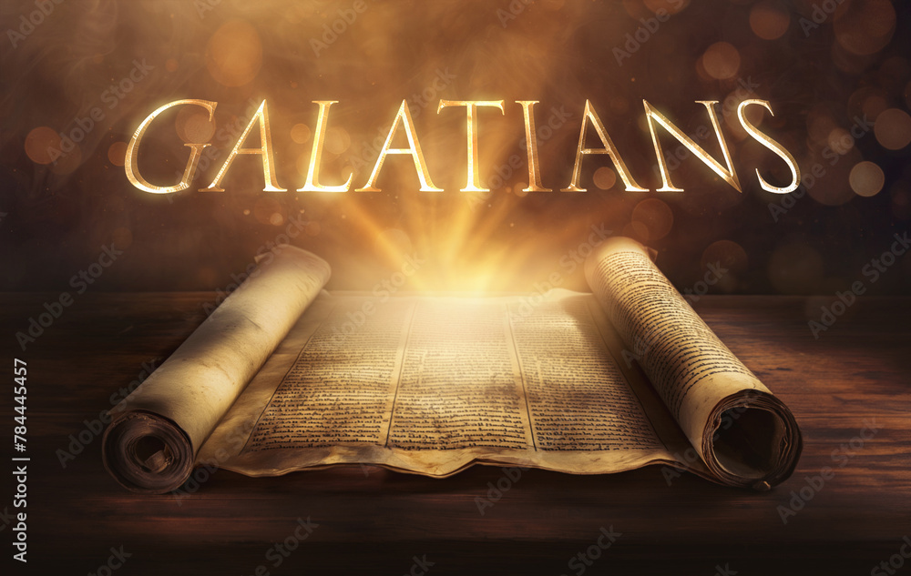 Glowing open scroll parchment revealing the book of the Bible. Book of Galatians. Freedom, faith, grace, justification, law, gospel, liberty, adoption, spirit, circumcision - obrazy, fototapety, plakaty 