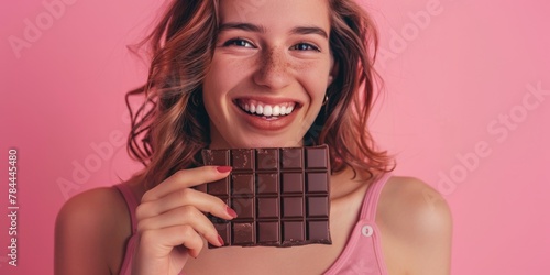 A woman holding a piece of chocolate. Perfect for food and indulgence concepts photo