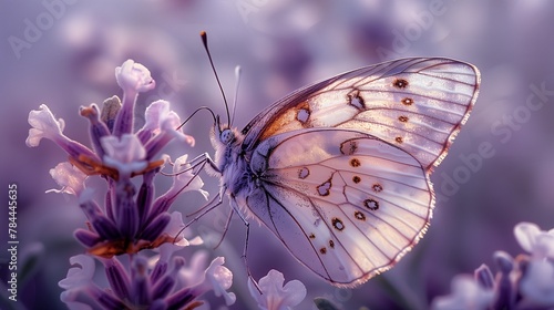 A cute sticker of a dainty butterfly, rendered on a solid lavender background, capturing its delicate wings and intricate details with the clarity and precision of an HD camera © ALLAH LOVE