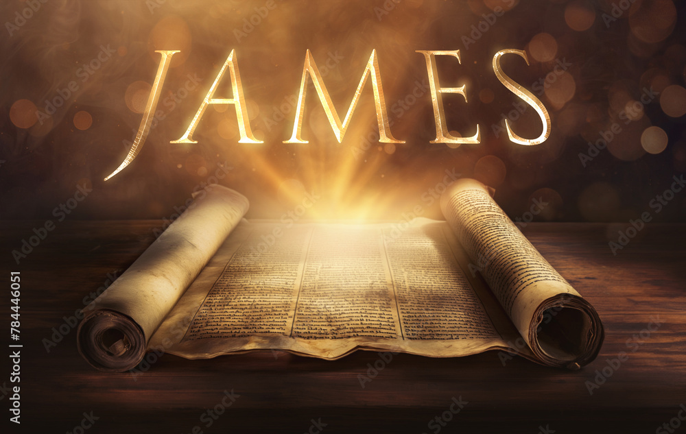 Glowing open scroll parchment revealing the book of the Bible. Book of James. Faith, wisdom, trials, perseverance, works, speech, humility, obedience, practical, righteousness - obrazy, fototapety, plakaty 