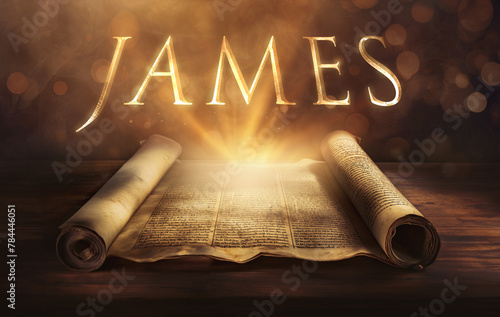 Glowing open scroll parchment revealing the book of the Bible. Book of James. Faith, wisdom, trials, perseverance, works, speech, humility, obedience, practical, righteousness photo