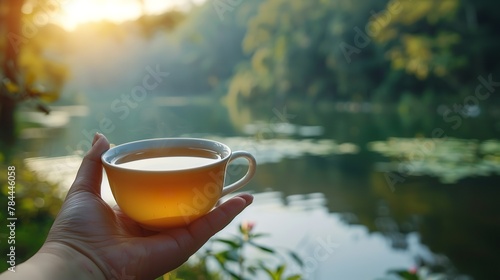 Portrait of a hand holding a cup of tea over nature backdrop with a big blurry backdrop and space for text or product, Generative AI.