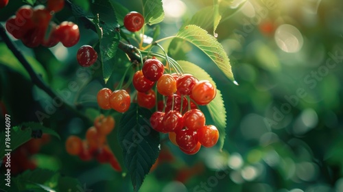 A close up of ripe cherries on a tree, suitable for food and nature concepts