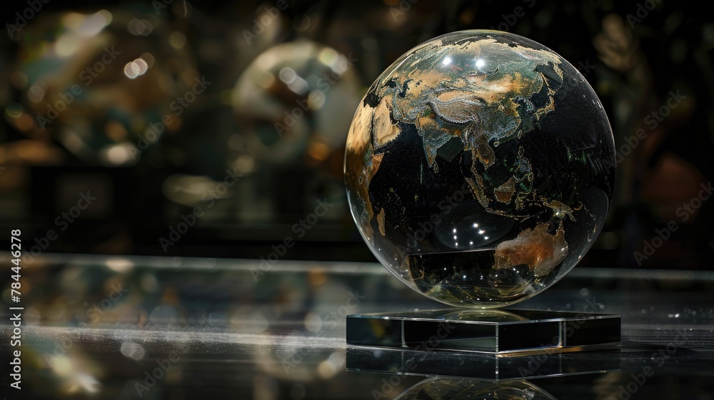 A glass globe resting on a table. Ideal for business and travel concepts A glass globe resting on a table. Ideal for business and travel concepts