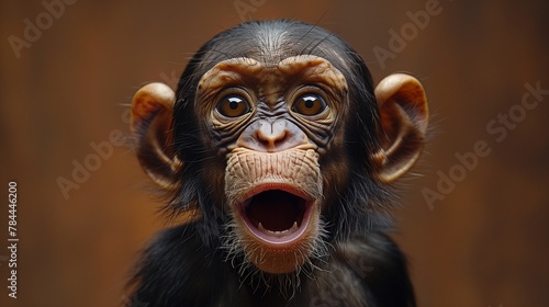 A cute sticker of a giggling monkey, situated on a solid brown background, bringing its mischievous expression and lifelike features to life as if captured by an HD camera ©  ALLAH LOVE