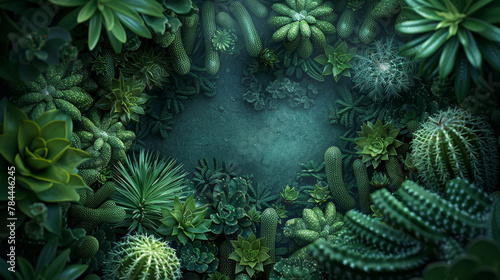 Dense cacti and succulents in dark green ambiance.