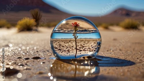 A glass of water rests on the beach, reflecting the blue sky and a hint of the vast ocean photo