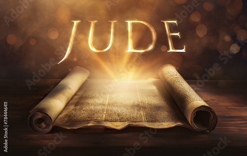 Glowing open scroll parchment revealing the book of the Bible. Book of JUDE. Warning, exhortation, confrontational, urgent, doctrinal, denunciation, apostasy, judgment, defense, concise