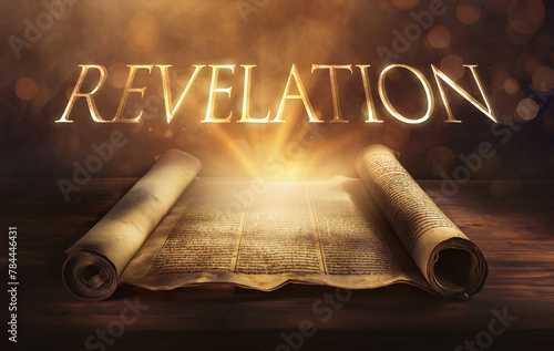 Glowing open scroll parchment revealing the book of the Bible. Book of Revelation. Apocalyptic, visionary, symbolic, prophetic, cosmic, dramatic, divine, eschatological, symbolic, transformative.