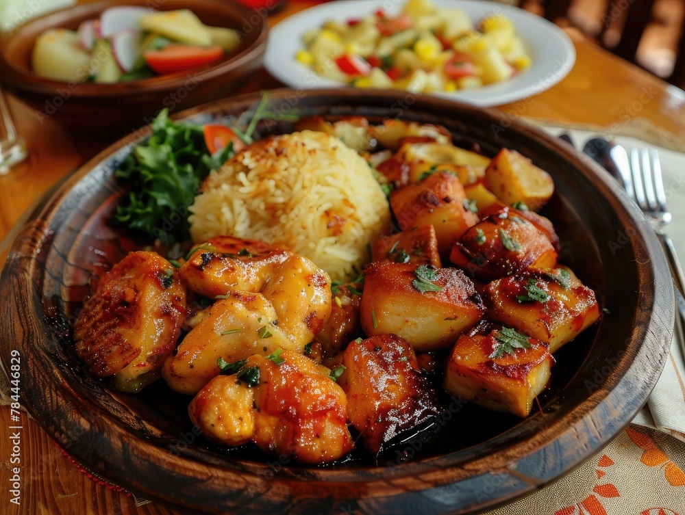 Grilled chicken and potatoes with rice on a wooden table. Grilled chicken and potatoes with rice on a wooden table.