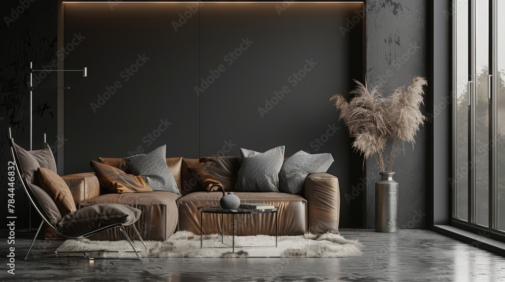 Livingroom or buisness lounge in deep dark colors. Combination of blue ...