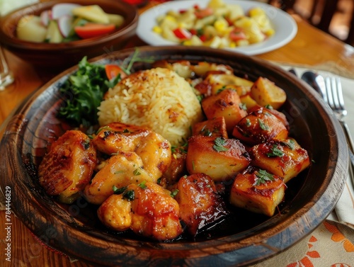 Grilled chicken and potatoes with rice on a wooden table.