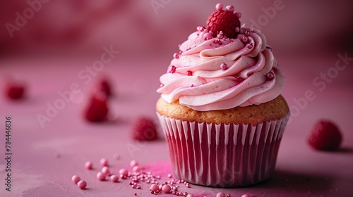 A cute sticker of a sweet cupcake, positioned on a solid pink background, capturing its tempting details and delicious colors in high-definition as if photographed by an HD camera
