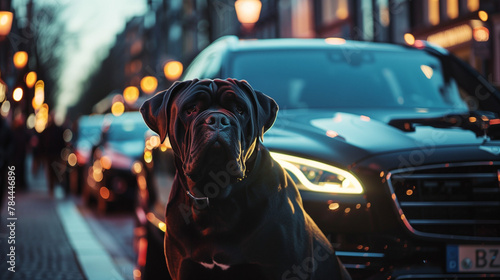 dog in front of a car photo