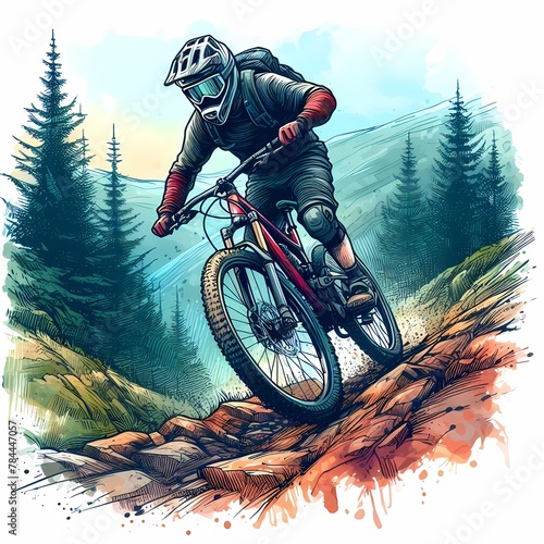 A Mountain Biker on a Rocky Trail Amidst Trees, Captured in Watercolor Style