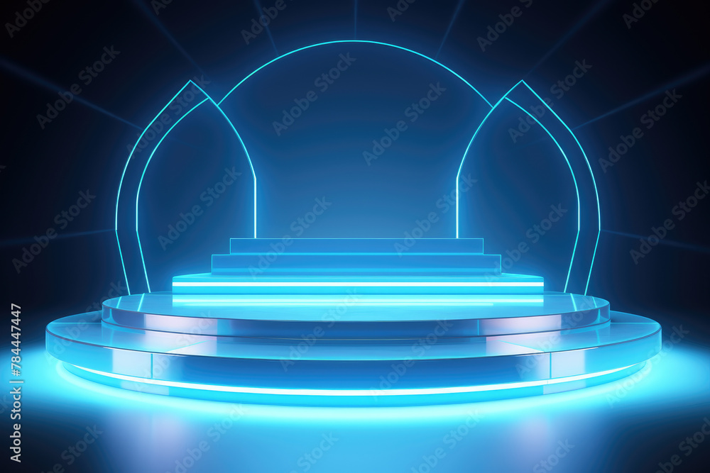 Beautiful futuristic technological light blue podium with light neon panels for product presentation Beautiful futuristic technological light blue podium with light neon panels for product presentation