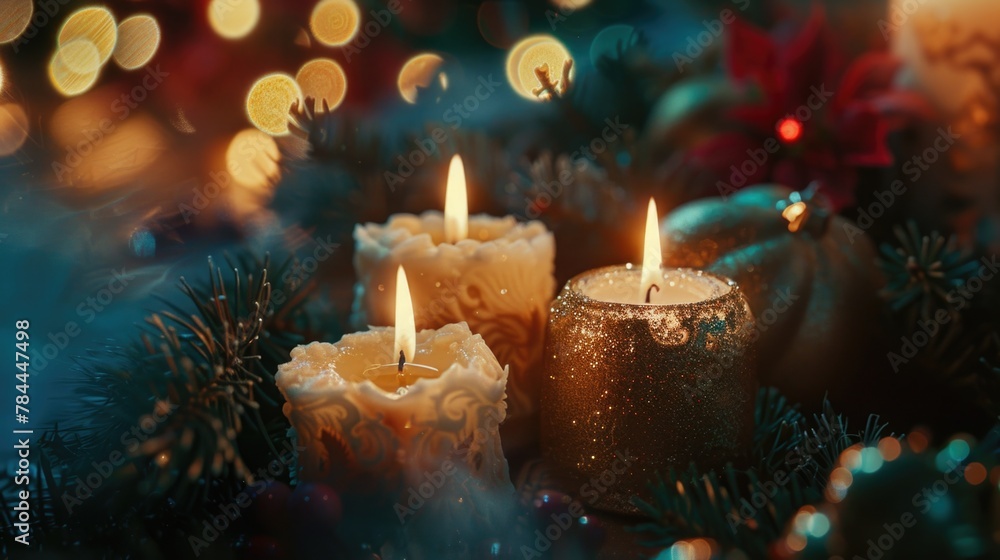 Festive candles on top of a Christmas tree, perfect for holiday designs