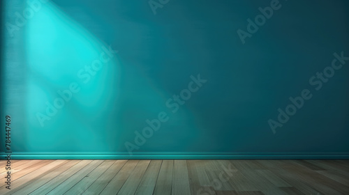 Blue turquoise empty wall and wooden floor with interesting with glare from the window. Interior background for the presentation, daylighting © Mongkol
