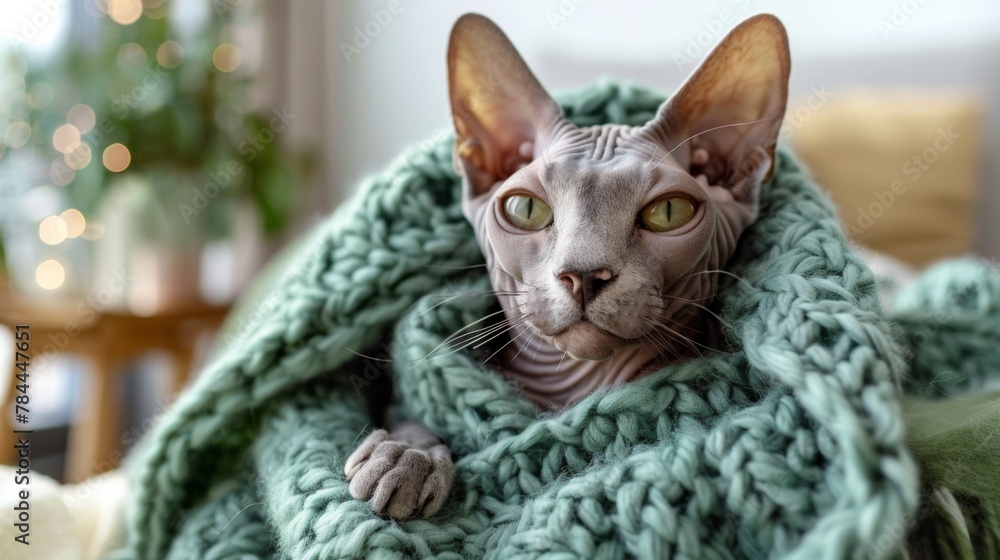 Bald cat of breed Canadian Sphynx in a knitted sweater clothes for animals. Bald cat of breed Canadian Sphynx in a knitted sweater clothes for animals.