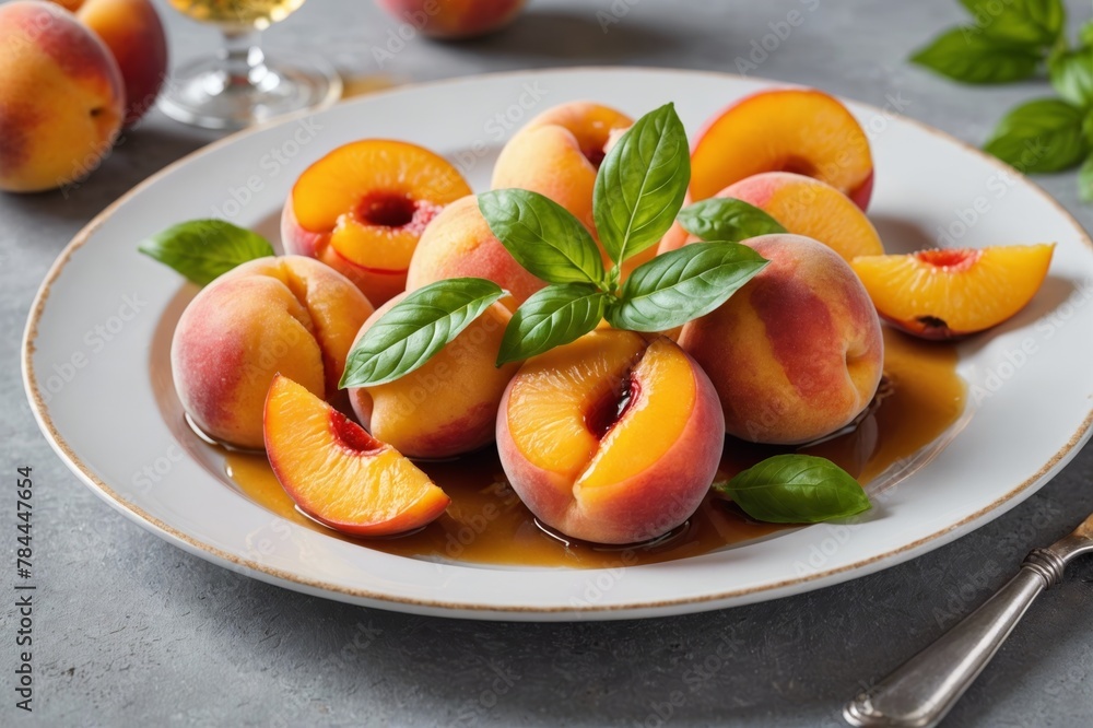 Poached Peaches in white wine, vanilla and basil. Poached Peaches in white wine, vanilla and basil.