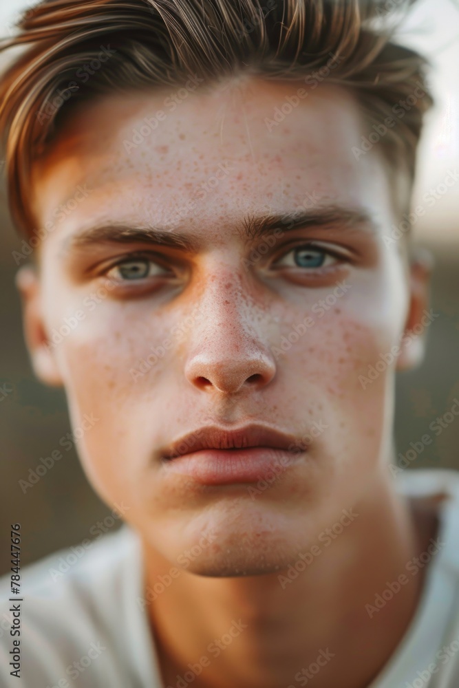 Close up portrait of a young man with freckles. Suitable for skincare and beauty concepts Close up portrait of a young man with freckles. Suitable for skincare and beauty concepts