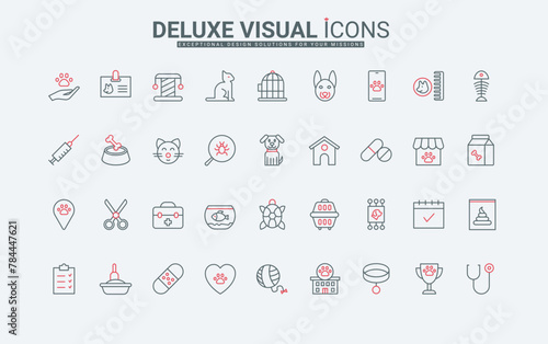 Dog and cat care, veterinary clinic line icons set. Pet food and carrier, toys and collar of animal, aquarium for fish and bird house, grooming thin black and red outline symbols, vector illustration