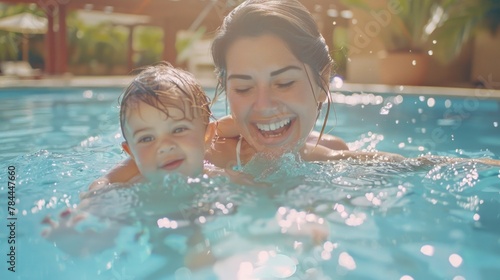 A woman and a child enjoying in a swimming pool  suitable for family and leisure concepts