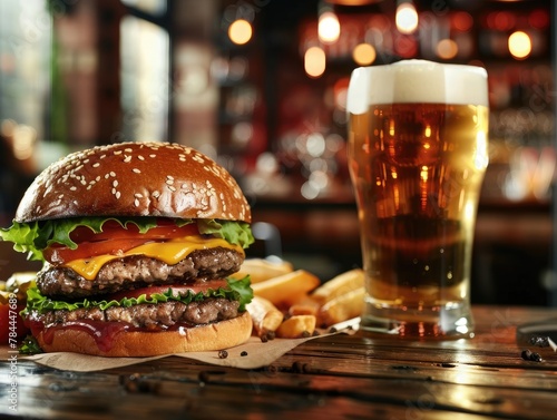 Big double cheeseburger next to a pint of beer on a wooden table with restaurant in background and copy paste.