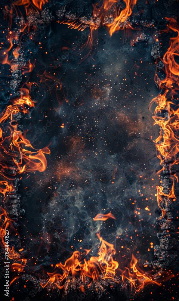 Fiery frame with a dark, textured background and burnt edges.