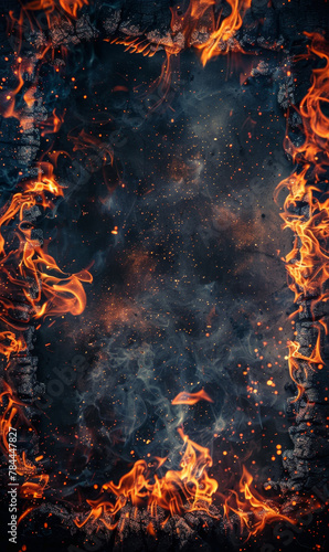 Fiery frame with a dark, textured background and burnt edges.