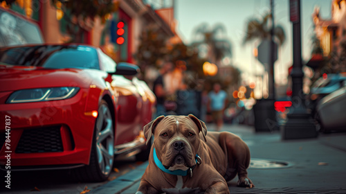 dog in the street by a red car