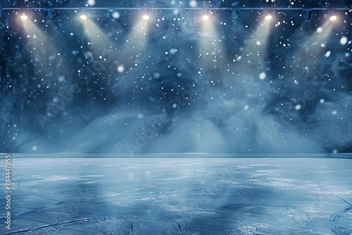 Snow and ice. An empty skating rink illuminated by spotlights. illustration. generative ai