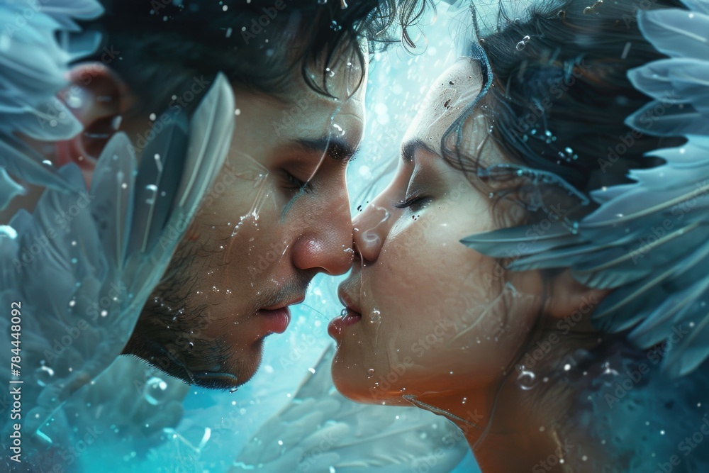 Romantic image of a man and a woman kissing in the water. Suitable for love and relationship concepts
