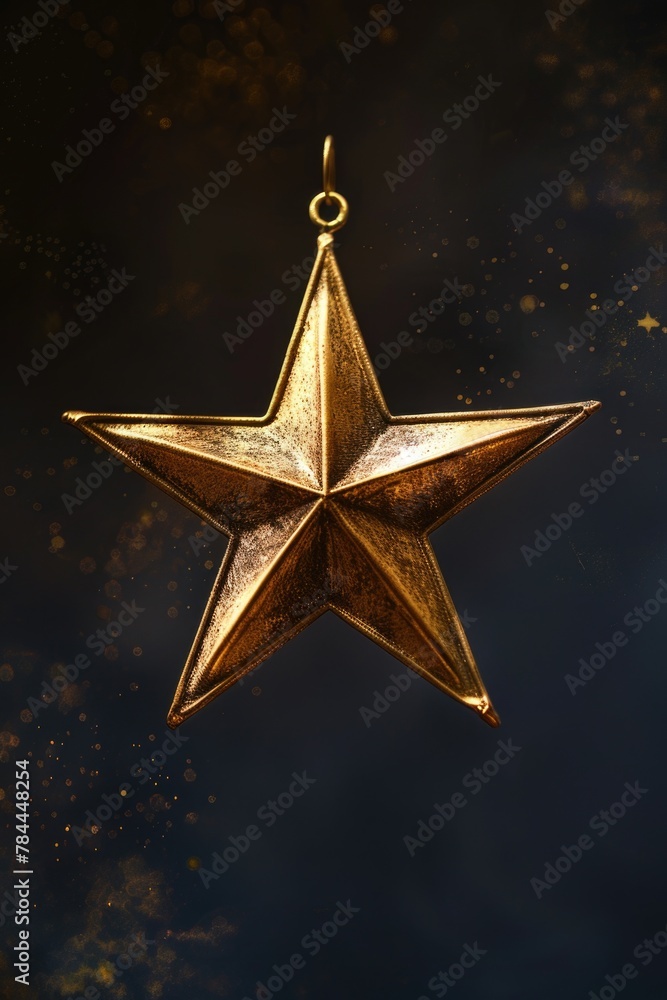 A gold star ornament hanging from a string. Perfect for holiday decorations A gold star ornament hanging from a string. Perfect for holiday decorations