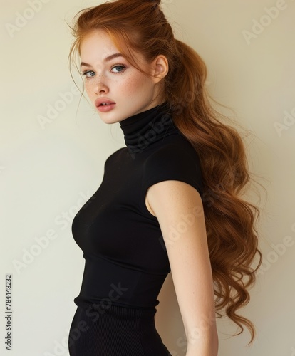 Woman with long red hair in black dress