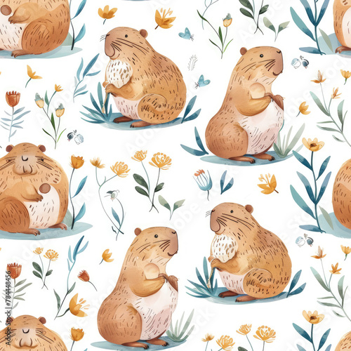 fabric pattern, seamless, beautiful capybaras repeating pattern, with cute stuff photo