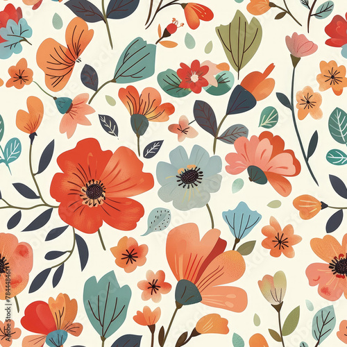 A colorful floral pattern with a variety of flowers and leaves. The flowers are arranged in a way that creates a sense of movement and harmony. Scene is cheerful and uplifting  as the bright colors