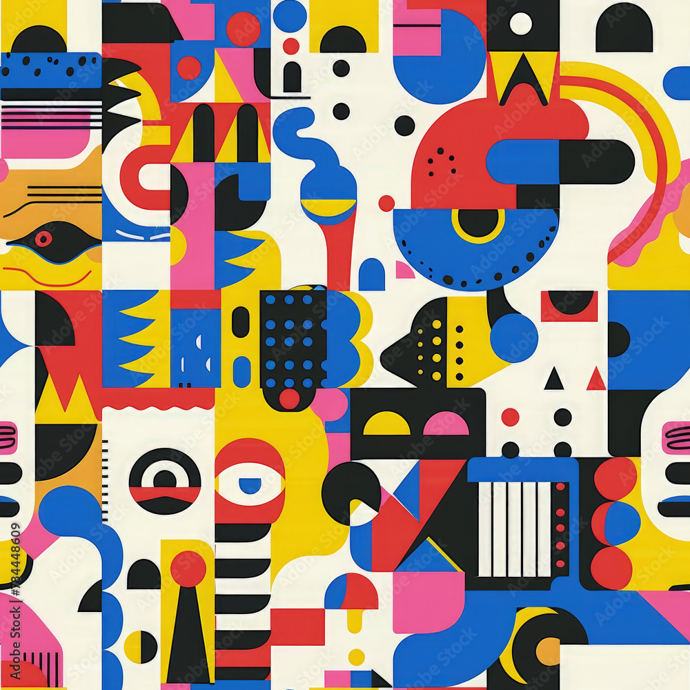 Obraz premium little geometric and colorful figures, optic illustration, pattern, line art, superpuestas, gouache effect, minimal,