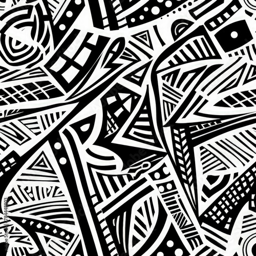 A black and white abstract painting with many shapes and lines. The painting is a mix of different shapes and lines, creating a sense of chaos and disorder