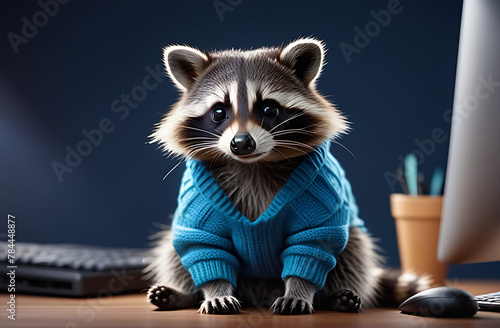 A cute raccoon in a blue sweater is sitting on a computer table in the room. Concept home office