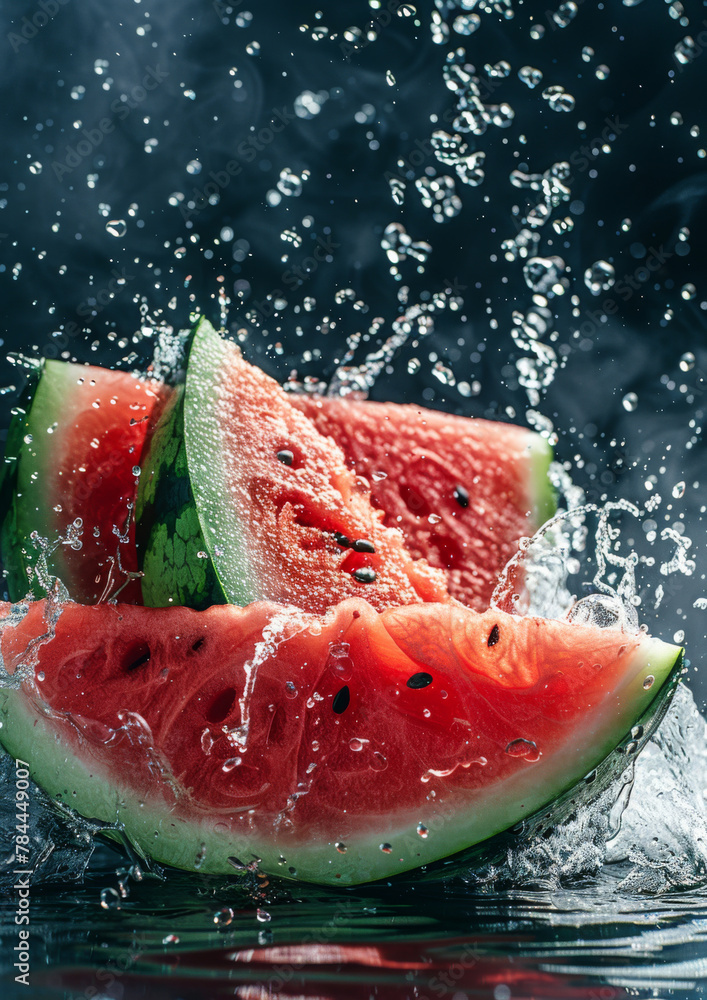 Water splashed delicious watermelon slices, isolated dark background. Water splashed delicious watermelon slices, isolated dark background.