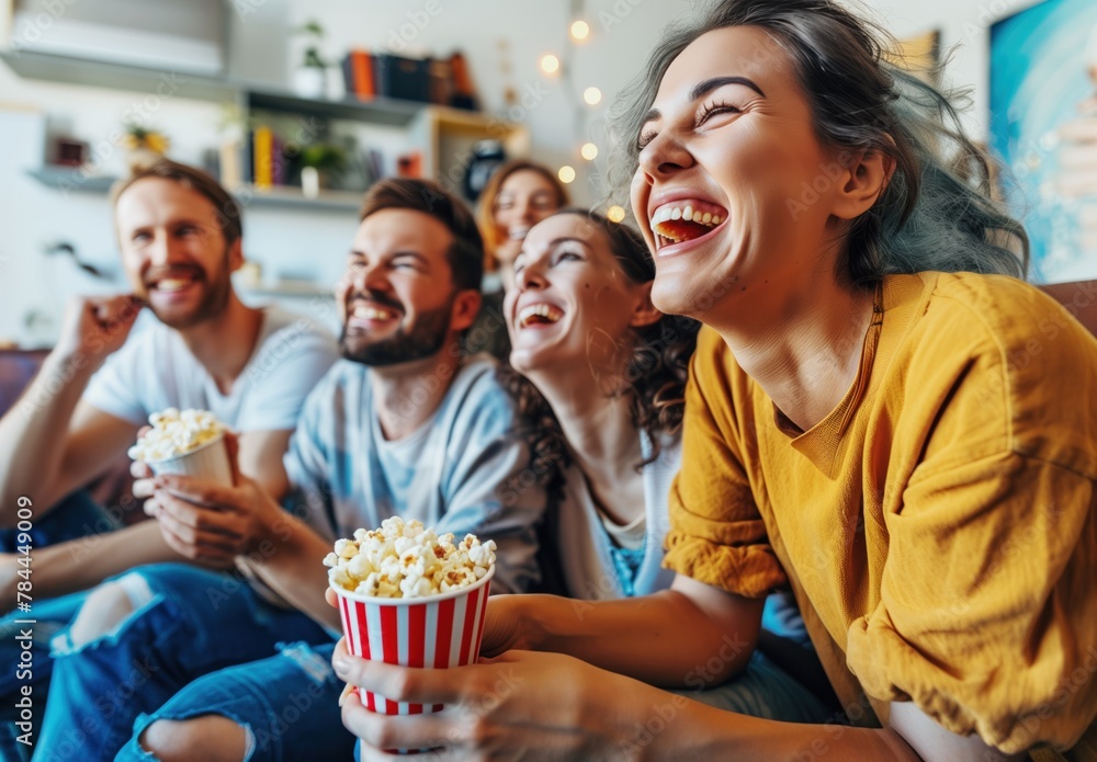 Friends Enjoying Movie Night with Popcorn at Home Friends Enjoying Movie Night with Popcorn at Home