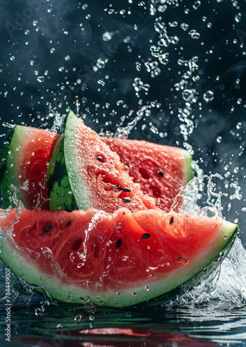 Water splashed delicious watermelon slices  isolated dark background.