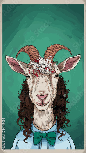 Vintage psychedelic fashion fantasy illustration with fashionable hippie goat