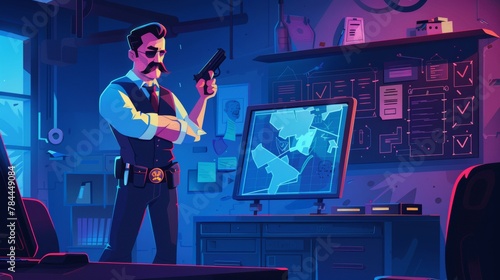 Modern web banner of a police detective character with gun in holster at an evidence board. Mustached police officer and police character working at crime investigation service, police detective photo