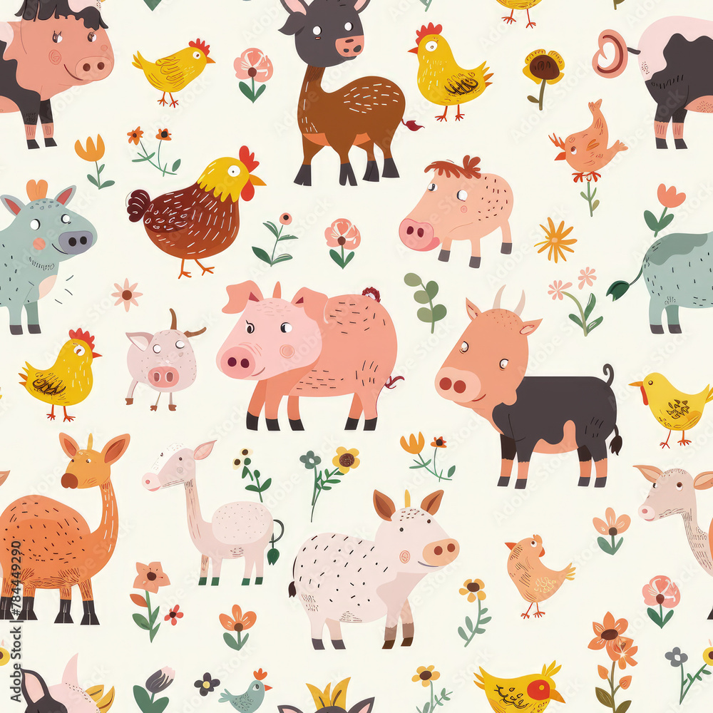 background pattern, farm animals such as pig, cow, goat, chicken, simple style, cartoon style, illustration background pattern, farm animals such as pig, cow, goat, chicken, simple style, cartoon style, illustration