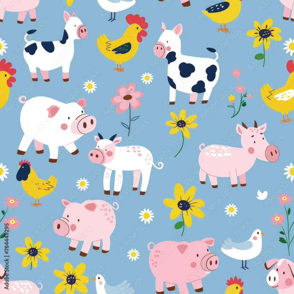 background pattern, farm animals such as pig, cow, goat, chicken, simple style, cartoon style, illustration background pattern, farm animals such as pig, cow, goat, chicken, simple style, cartoon style, illustration
