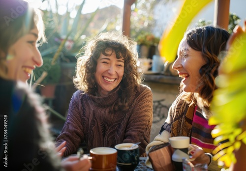 Friends share warm smiles and hot drinks on a sunny terrace.