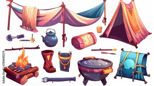 Luxury camping equipment collection with turkish pot and barbecue for luxury survival journeys on a trip. Isolated modern illustration of sleeping tent, pillow, and hammock. photo