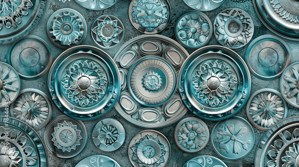Aquamarine mandala patterns, capturing water's fluidity with a cool grey vintage feel.